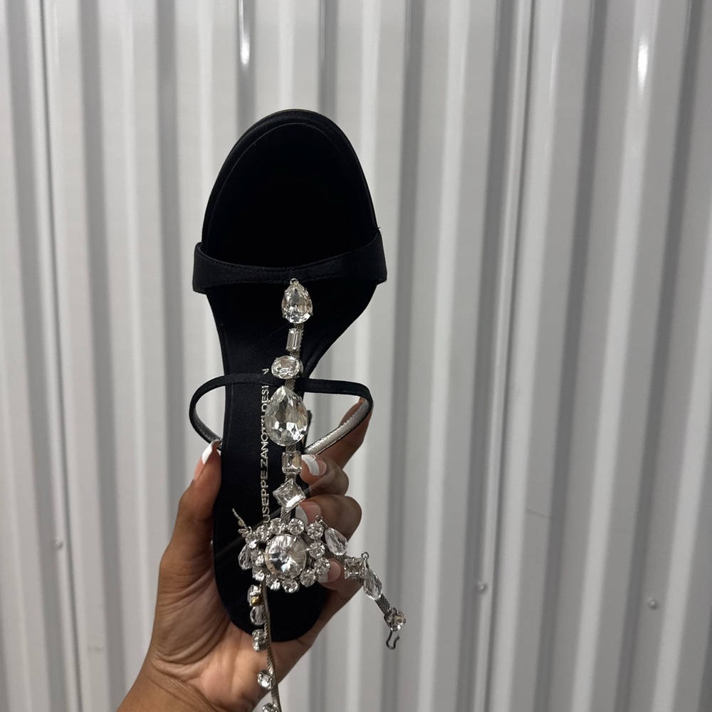 Giuseppe Zanotti 90s Satin Black Heels with Crystal Accents